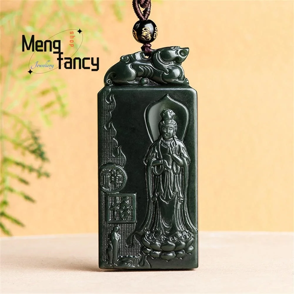 Natural Old Material Hetian Ink Jade Guanyin Bodhisattva Jade Pendant Enlightenment Buddha Statue Exquisite Fashion Fine Jewelry