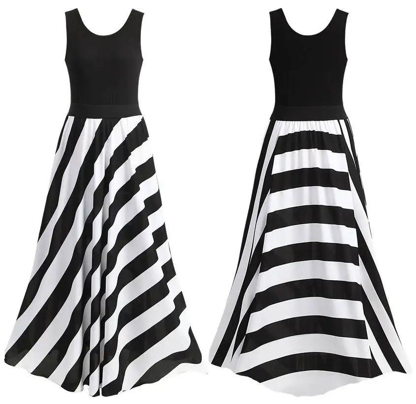 Faionable Striped Long Dr Women's Belt Splicing Drsee Summer New Sle Commute round Ne Mid-Length Slim Fit Decoration