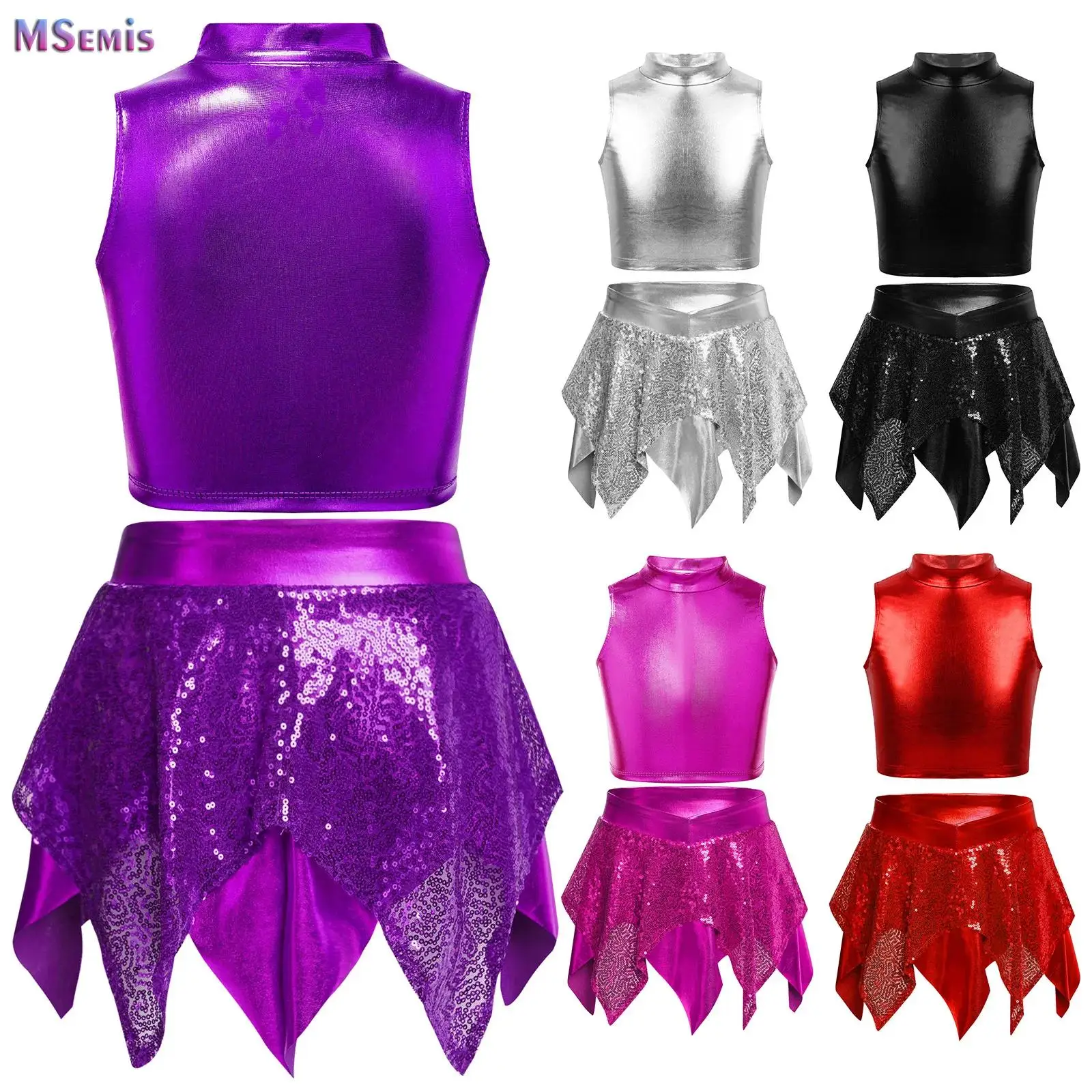 Children Girls Hip Hop Jazz Dance Outfit Shiny Sequins Metallic Crop Tank Top with Asymmetric Skirt for School Party Show