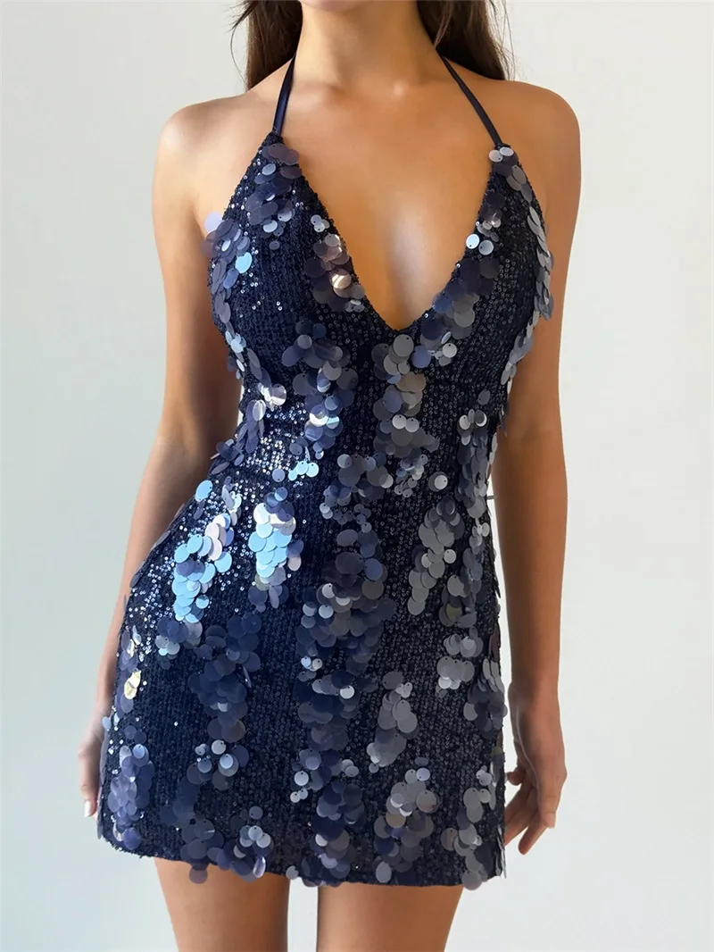 Navy Blue Sequins Prom Dress Sexy Halter Sleeveless Backless Short Min Party Gown Formal Wedding Guest Birthday Evening Robe