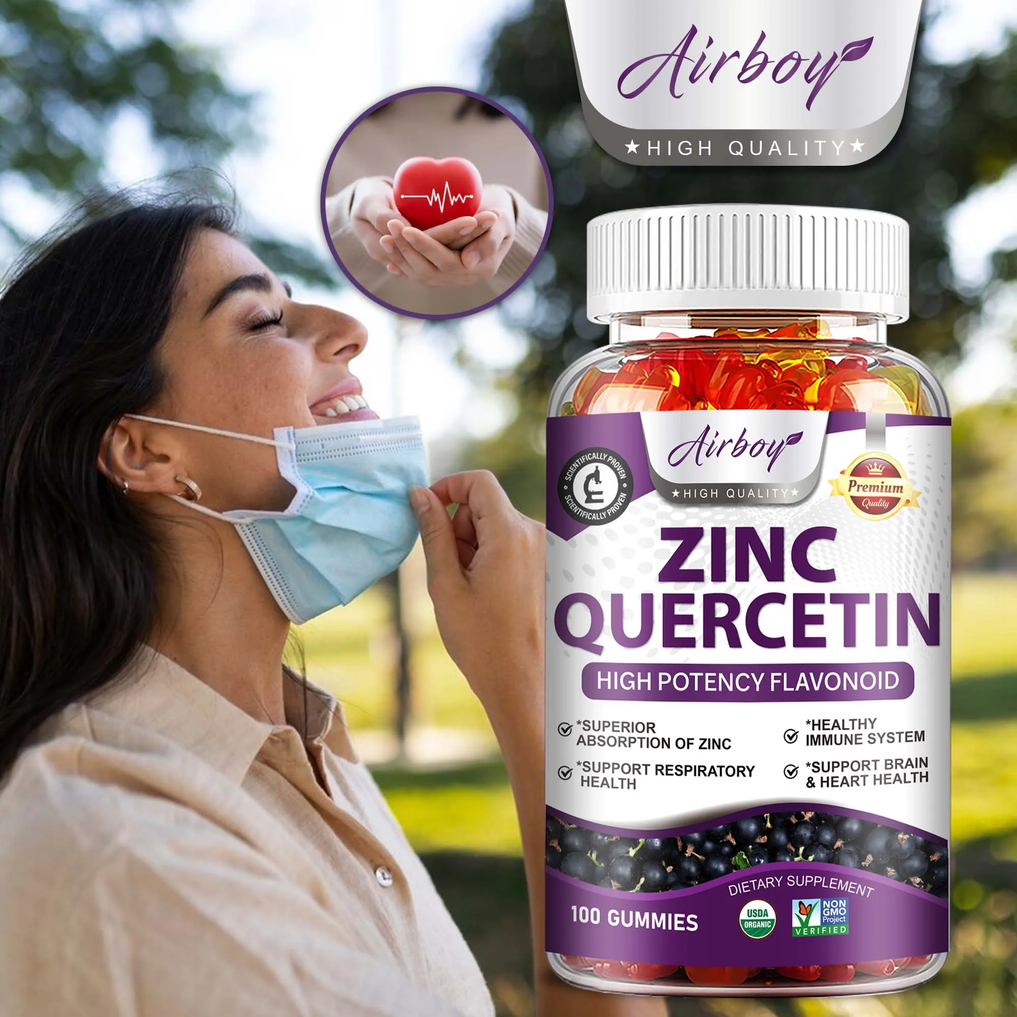

Zinc Quercetin Gummies - Antioxidant, Promotes Blood Circulation, Supports Cardiovascular & Respiratory Health, Enhances Energy