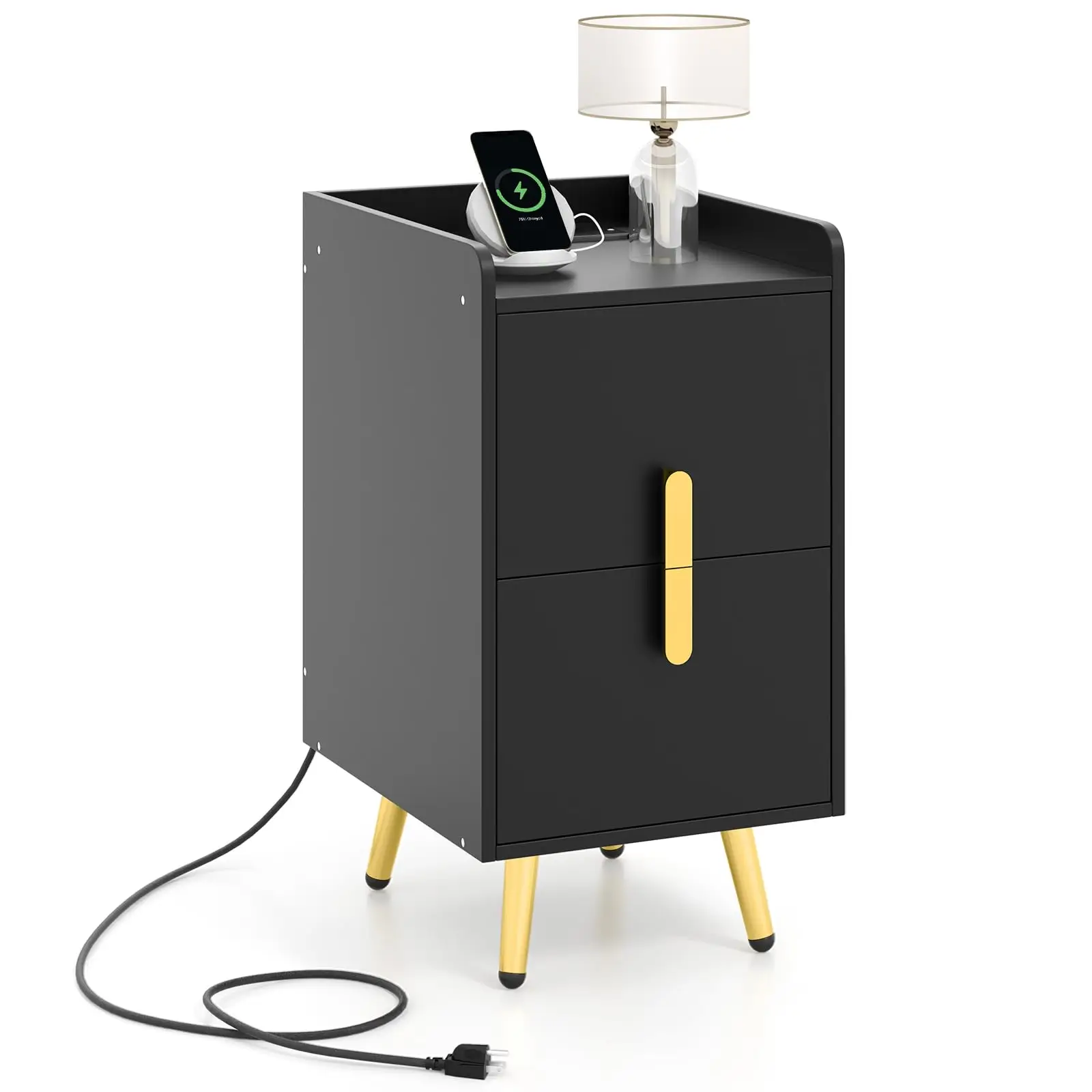 

Modern Black Nightstand With 2 Drawers, Wireless Charger, USB & Type-C Ports, 3 Outlets, Gold-Tone Legs For Bedroom Or Small