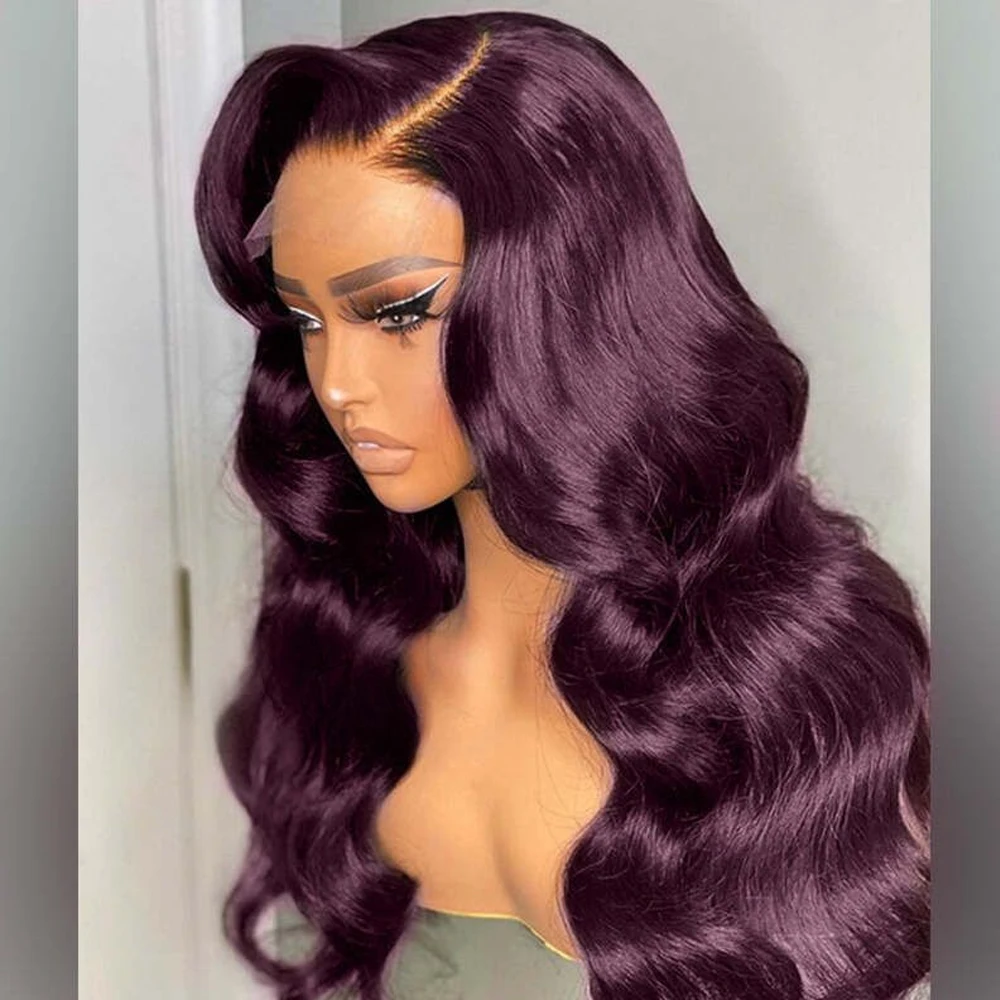 

13x4 Body Wave Lace Wigs Dark Burgundy Lace WIg Synthetic Dark Purple Pure Colored Body Wave Lace Wig For Black Women Cosplay