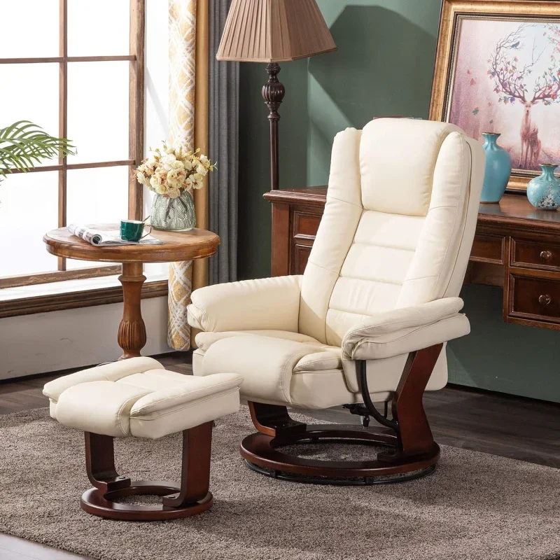 Recliner with Ottoman Chair Accent Recliner Chair Removable Lumbar Pillow, 360 Degree Swivel Wood Base Faux Leather (Cream White