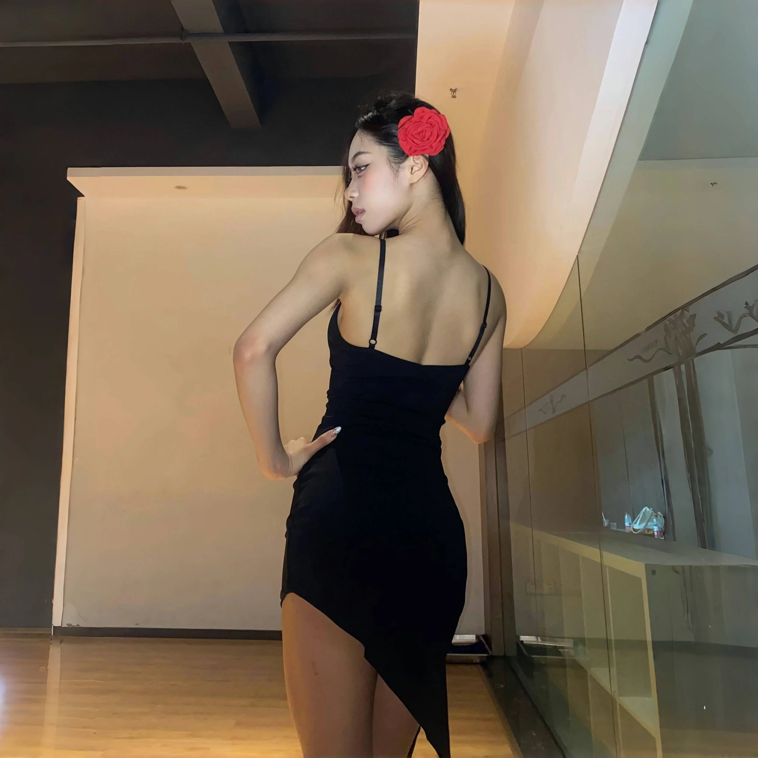 Women Strap V-neck Irregular Flower Dress Latin Dance Dress Performance Costumes Female Chacha Tango Latin Dance Clothes DN21056