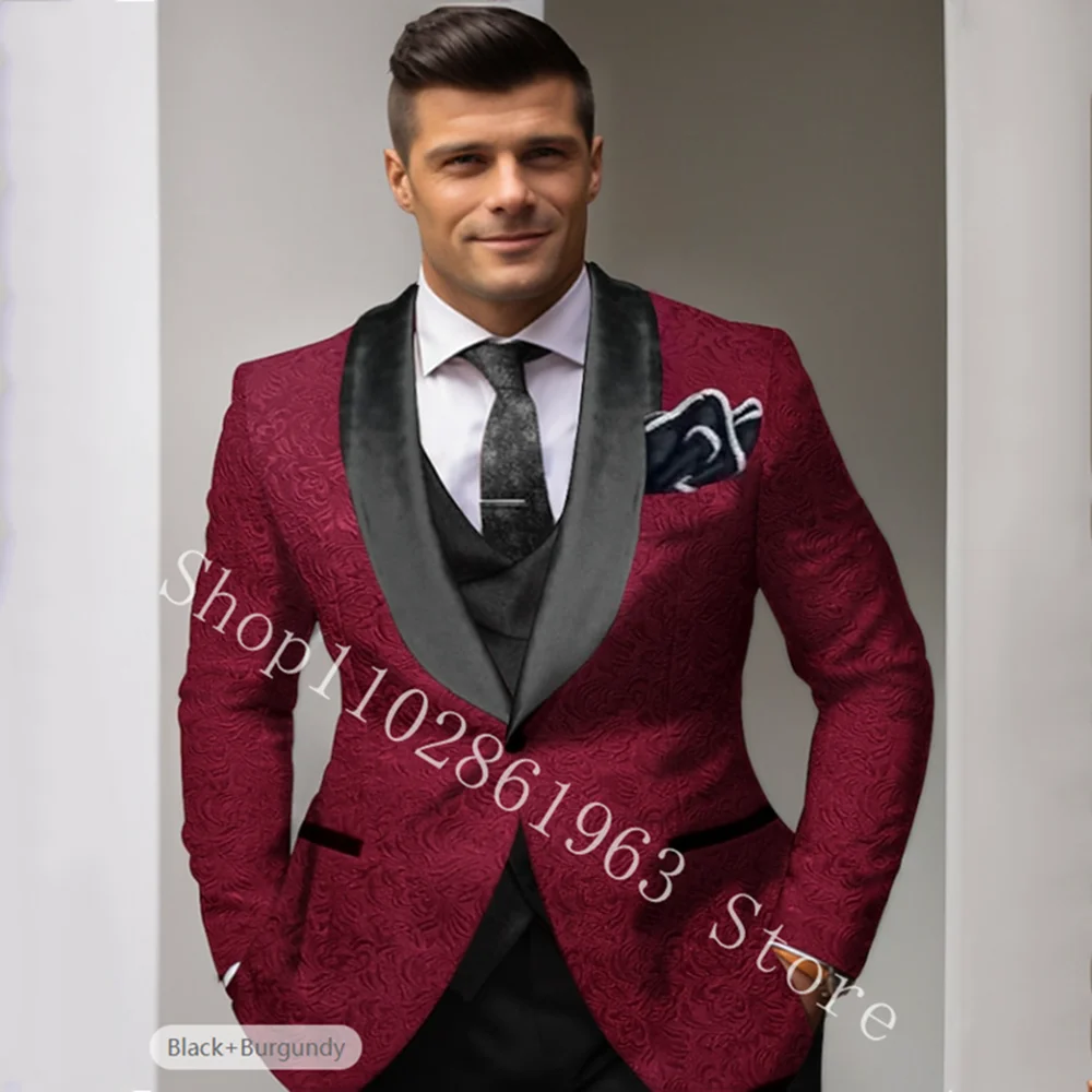 Smoking da sposo da sposa floreale bordeaux 3 pezzi Slim fit abiti da uomo formale Groomsmen smoking da sposa Blazer + gilet + pantaloni Costume Homme