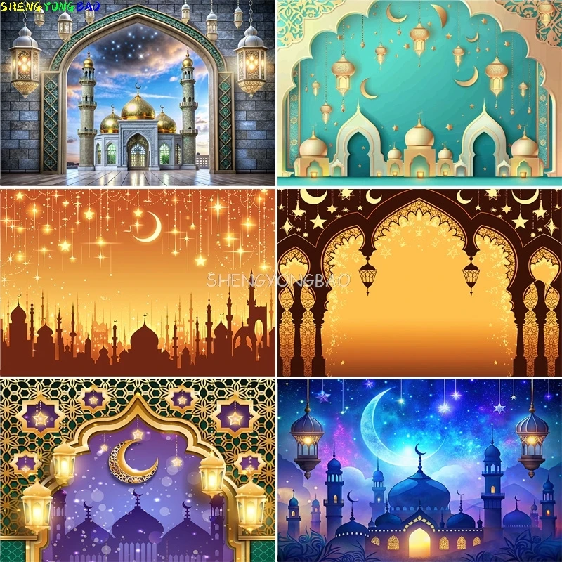 

Ramadan Celebration Shiny Golden Crescent Moon Lanterns Background Arabic Islamic Mosque Palace Photography Backdrops MO-09
