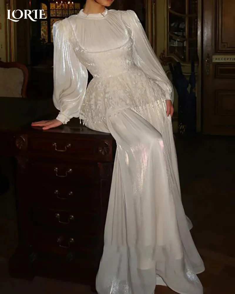 LORIE Shawl Lace Wedding Dress High Collar Long Sleeve Pleats A-line Appliques Mermaid Bride Gown Customized Corset Bride Dress