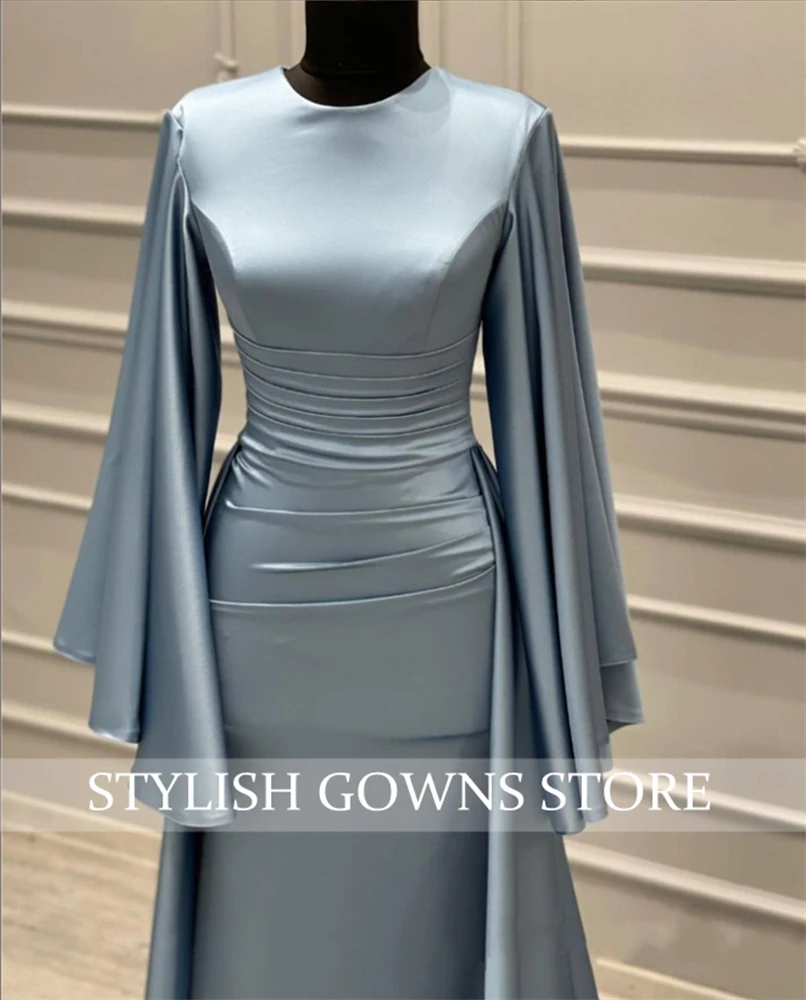 Muslim Blue High N Evening Dress Long Sleeve Pleat 2023 Wedding Occasion Gown Birthday Party Gown vestidos de ocasión Customized