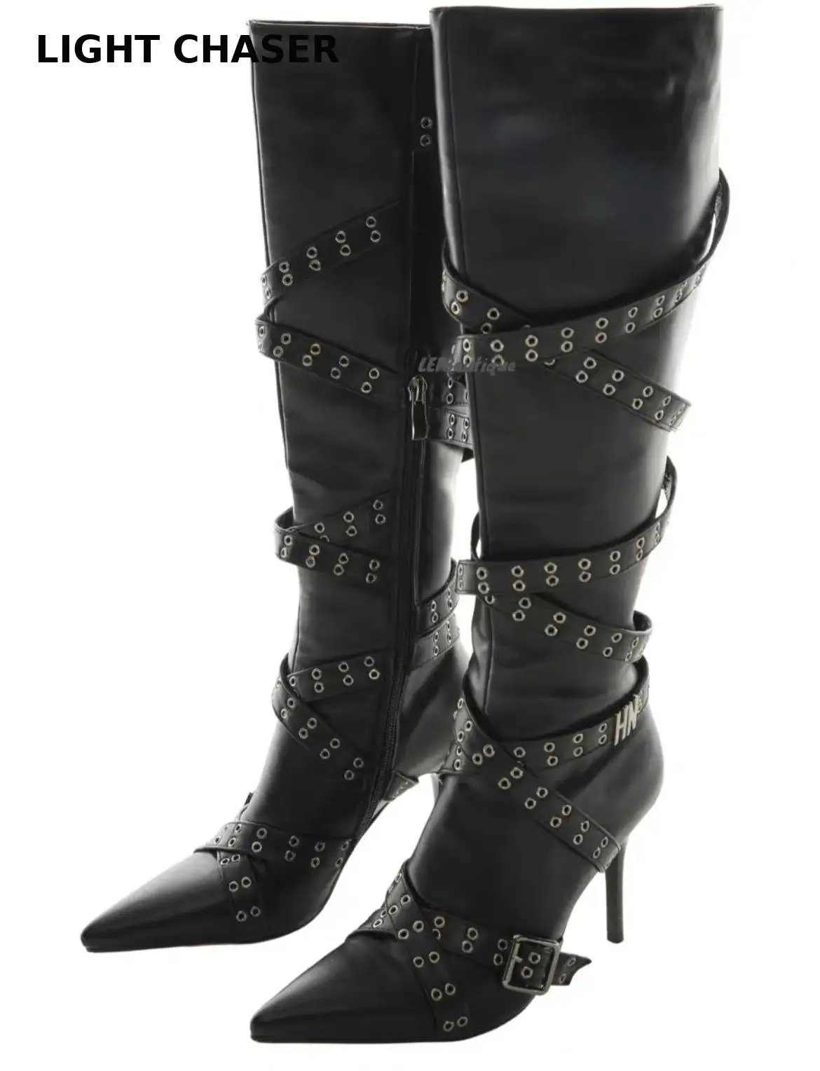 Winter Vintage Strap Skinny Heel Pointed Motorcycle Boots Knight\'s Studded High Heel Boots Over The Knee Fashion Women\'s Boots