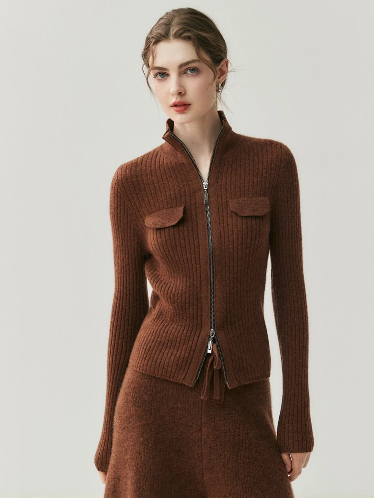 

Light Luxury 100% Cashmere Cardigan Sweater Soild Double Zipper Women Autumn Winter Slim Fit Fashion Knit Sweater Jackets Retro