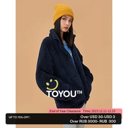 Toyouth Women Imitation Lamb Fleece Coat 2023 Winter Long Sleeve Stand Collar Loose Jacket Smiling Face Fashion Warm Outwear