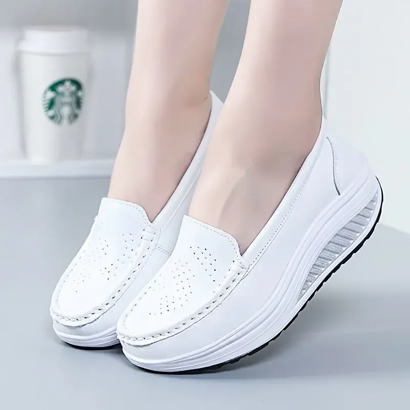 Cow Two-Layer Leather Black Women'S Shoes Breathable Fashion Flat Shoes Thick Bottom Women'S Nurse Shoes Zapatos De Mujer