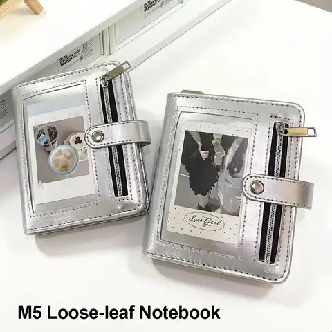 Simple PU Leather Binder Notebook with Photo Window 5-Ring Loose-Leaf Pocket Journal Detachable M5 Notebook Gift