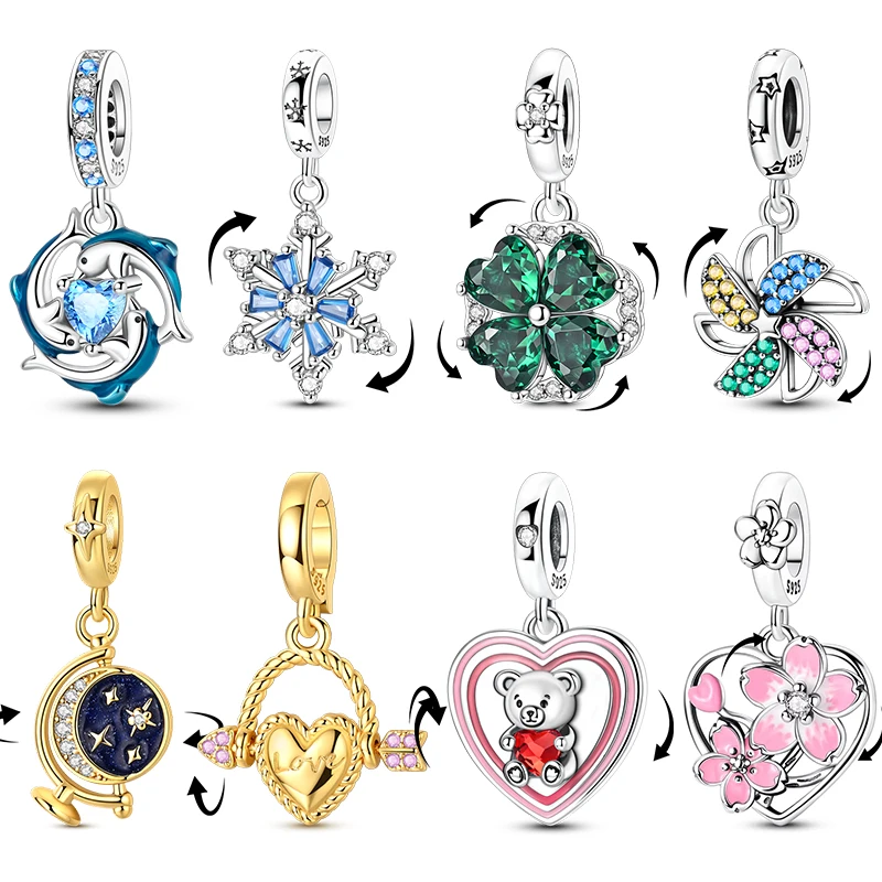 925 Sterling Silver Rotatable Four-Leaf Clover Windmill Snowflake Charm Pendent Fit Original Bracelet DIY Women Jewelry Gifts