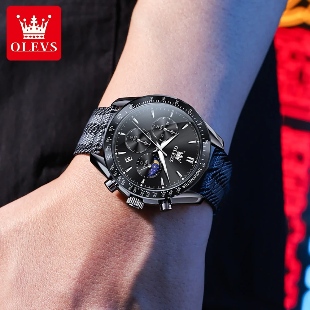 Olevs 3630 moda masculina relógio de quartzo original pulseira de tecido de náilon fase da lua à prova dwaterproof água cronógrafo calendário esportes relógio masculino