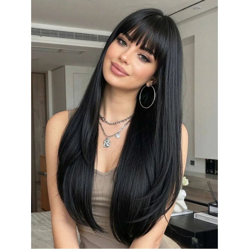 

26-дюймовый длинный прямой парик натурального черного цвета с челкой, термостойкий синтетический парик для женщин, для повседневного использования, вечеринок и косплея