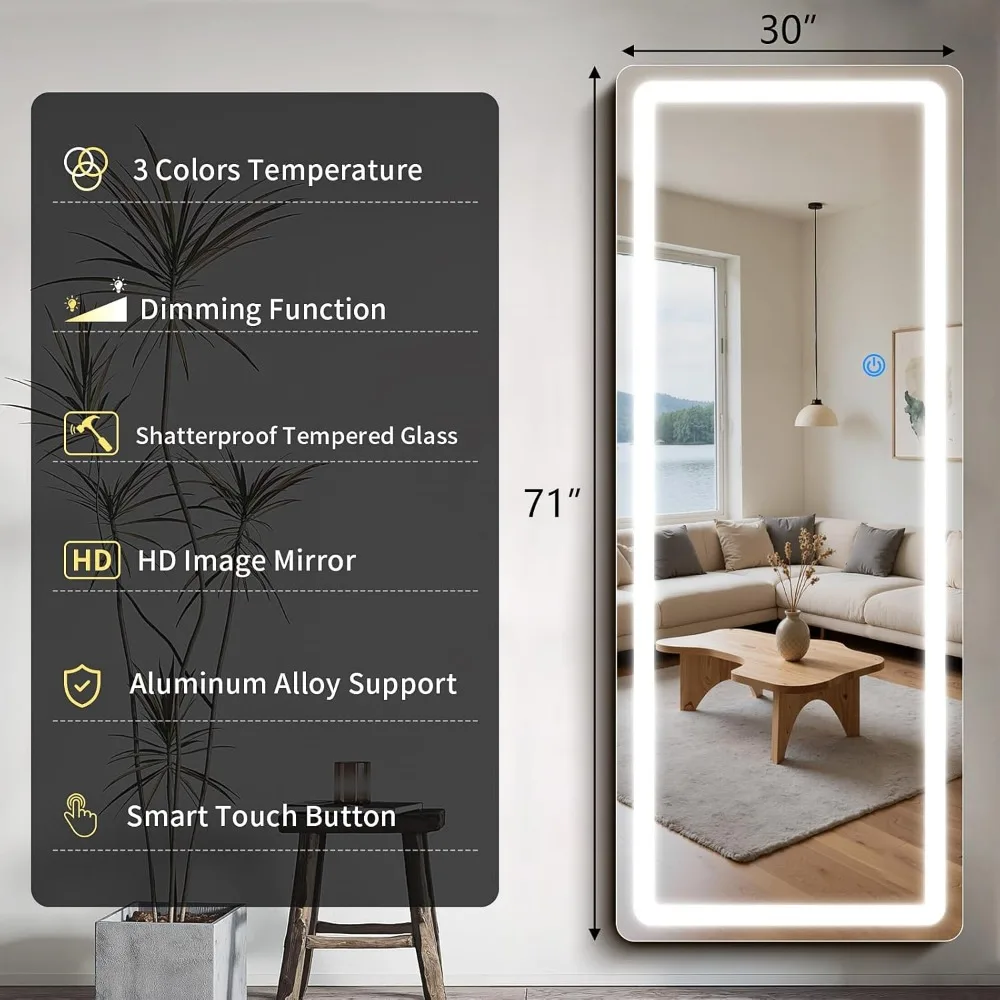 LED-verlichte vloerspiegel over de volledige lengte, 71 x 30 met afgeronde hoeken, 3-kleuren dimbare verlichting, volledige spiegelstandaard