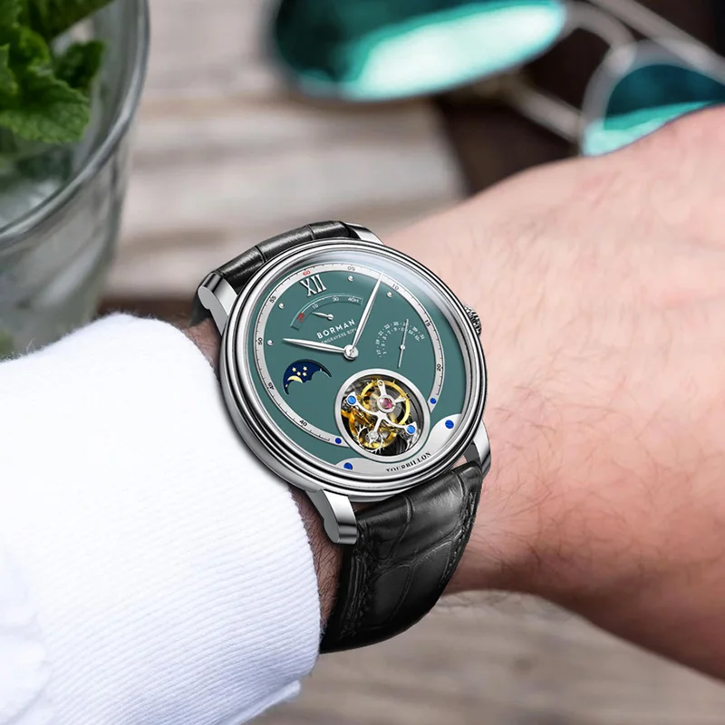 BORMAN Seagull ST8007 Movement WristWatch Luxury Men Mechanical Watches Man Moon Phase Calendar Clock Manual Wind Watches