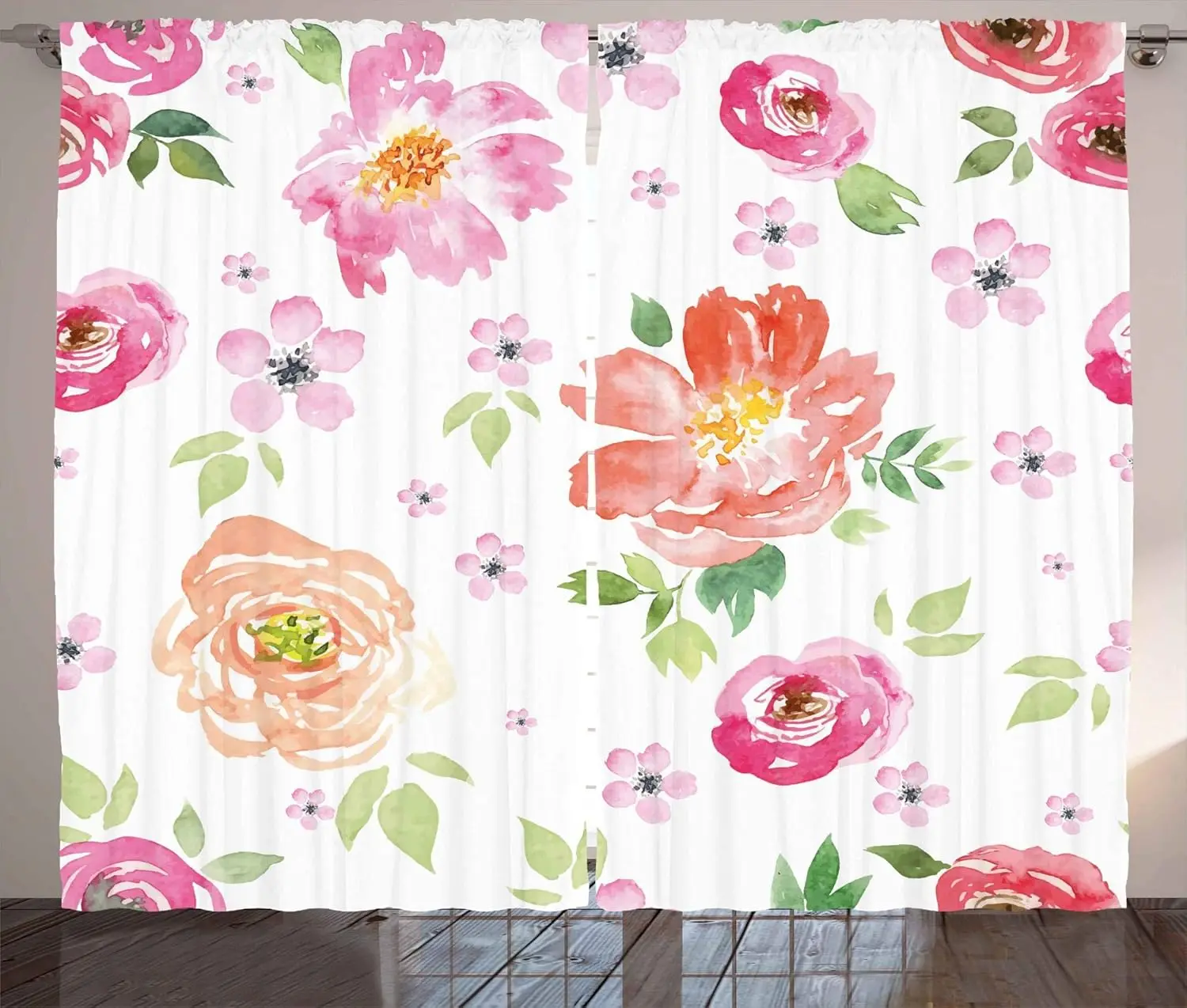 Floral Curtains, Shabby Form Garden Flowers Roses Tulips Watercolor Abstract Art, Living Room Bedroom Window Drapes 2 Panel