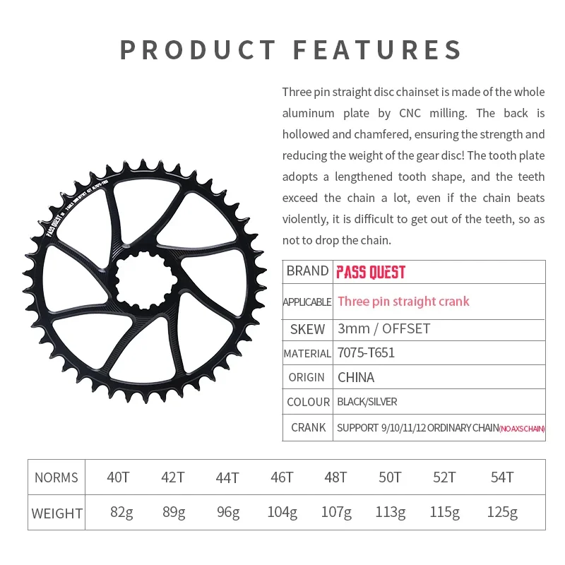 PASS QUEST 3mm Offset Chainring 40T/42T/44T/46T/48T/50T/52T/54T Narrow Wide Chainring for SRAM GXP Gx xx1 Eagle 10S 11S 12S