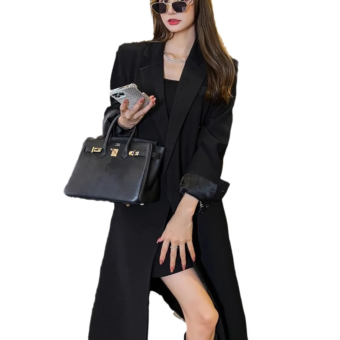 

SuperAen Black Long Suit Jacket 2024 Long Windbreaker Women's High-quality New Spring and Autumn Fashion Coat