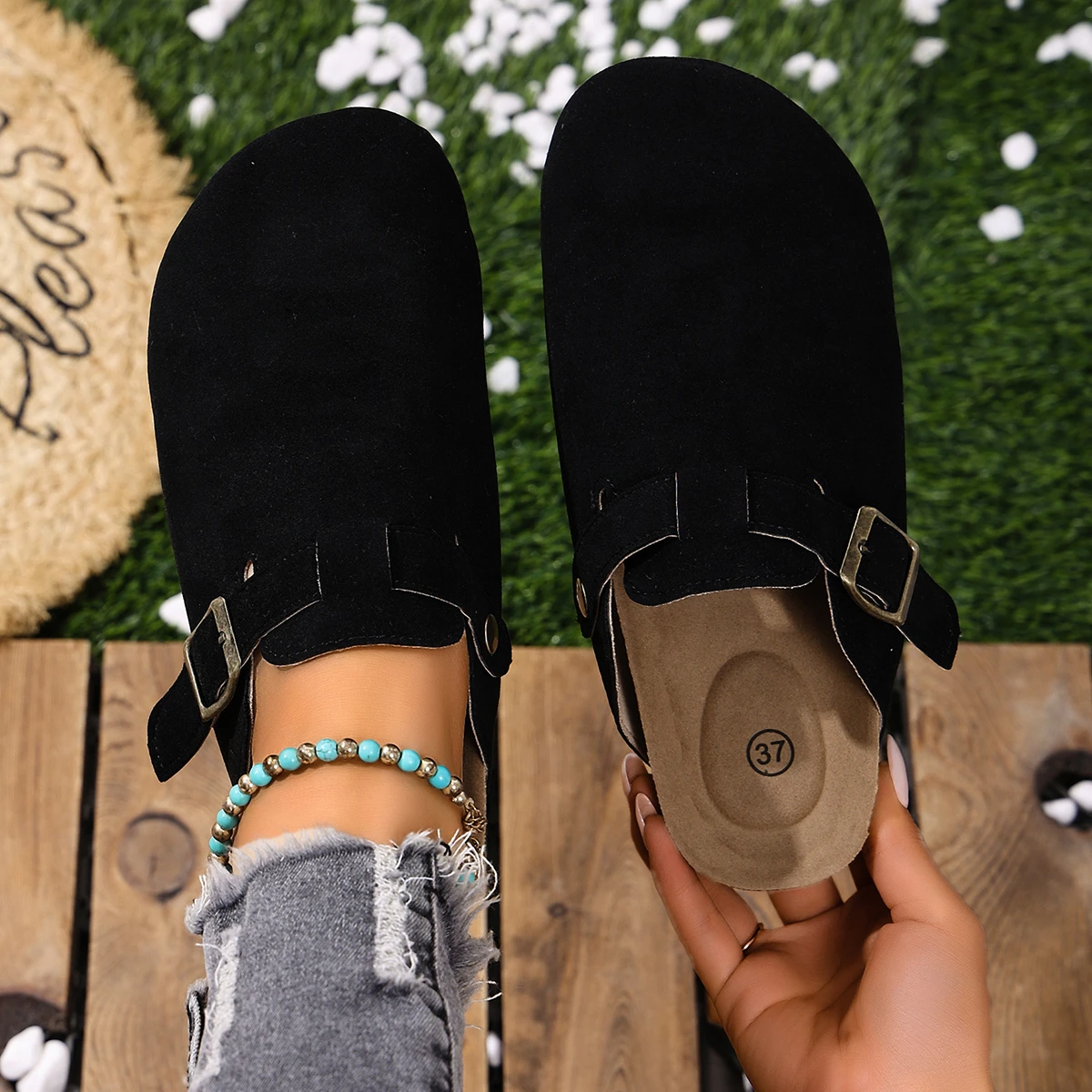 Korkfußbett-Clogs für Damen und Herren, modische Leder-Mules, bequeme Potato-Schuhe mit Fußgewölbestütze, flache Slides für drinnen und draußen – Detail 8