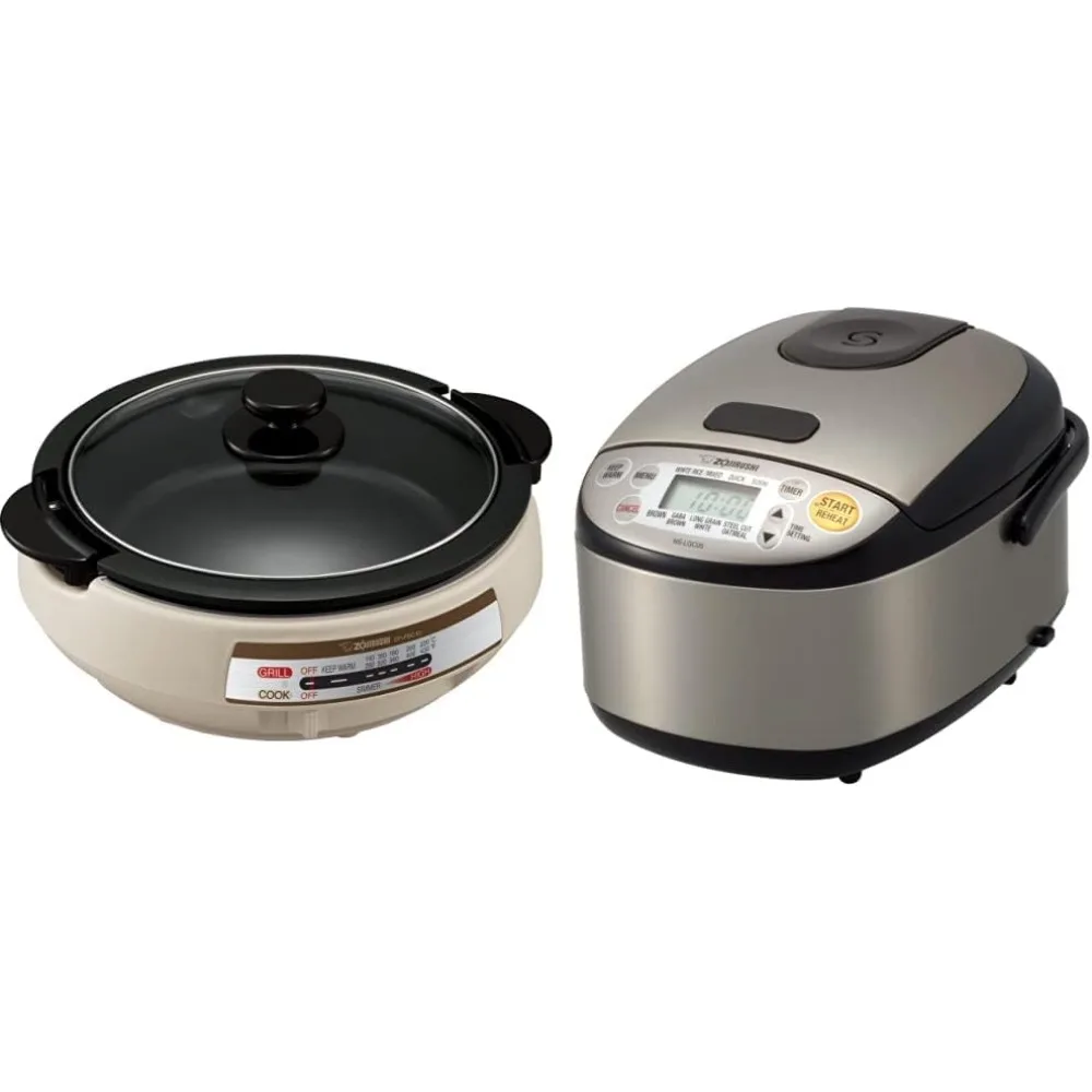 EP-PBC10 Gourmet d'Expert Electric Skillet & NS-LGC05XB Micom Rice Cooker & Warmer, 3-Cups (uncooked), Stainless Black