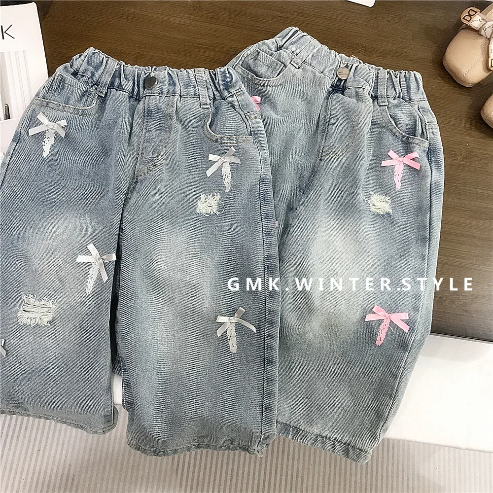 New Girls Bow Ripped Jeans Spring Straight Pants Fashion Casual Loose Trousers baby