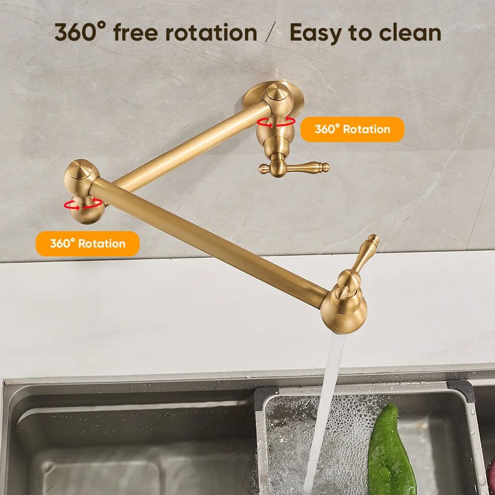 Solid Brass Kitchen Folding Single Cold Water Faucet Wall-Mounted Kitchen Faucet with Extended Reach 360-Degree Swivel