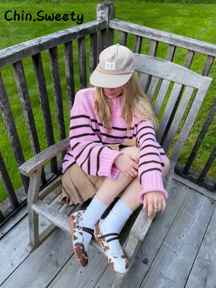 

Повседневный женский вязаный полосатый свитер контрастного цвета, свободный пуловер с круглым вырезом и длинными рукавами, осень-зима 2022, женские шикарные трикотажные изделия