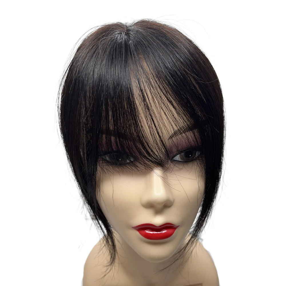 여성을위한 100% 진짜 인간의 머리카락 헤어 토퍼 3D 에어 뱅 헤어 실크베이스 7x8 커버 탈모와 Toupee의 중간 부분 클립