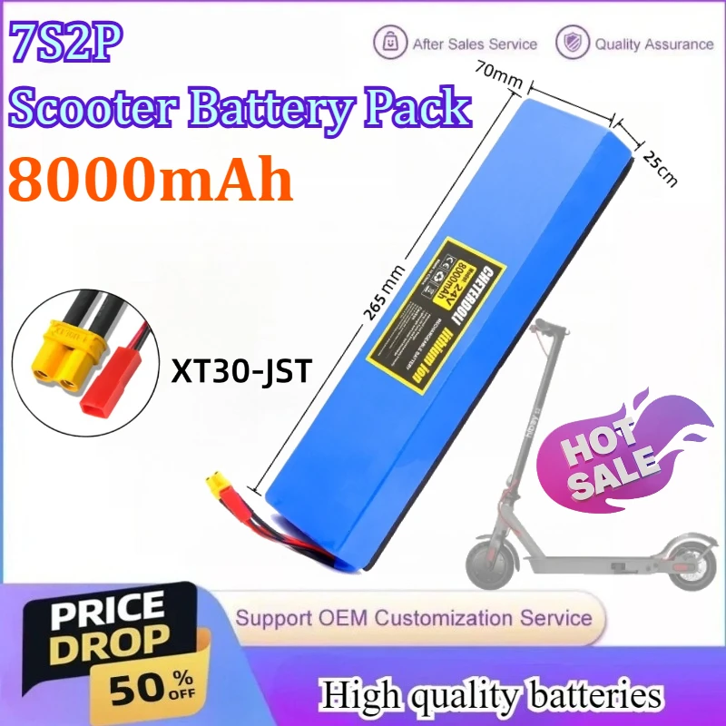 

8000mAh 18650 7S2P Li-ion Rechargeable Battery Pack 25.2V for Battery Replacement of 29.4V Electric Scooters 265*25*70mm+/-3mm