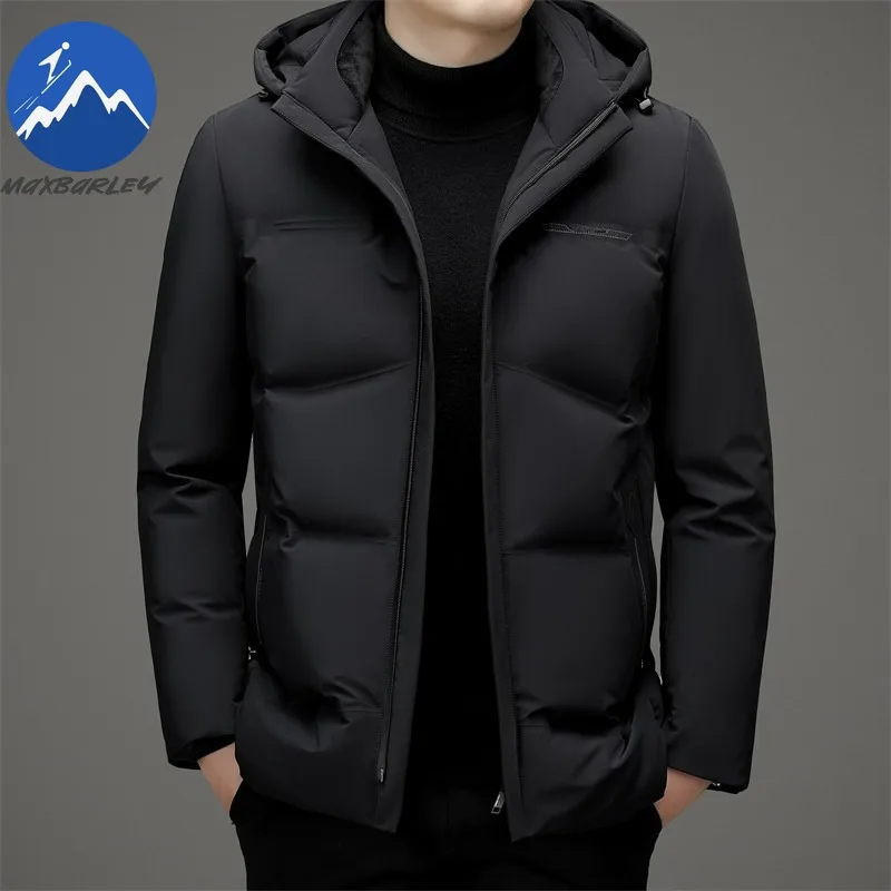 Maxbarley Men Down Jacket Luxury Hood Outdoor Office Lightweight Puffer Jacket Trendy Duck Down Hiking Thicken Warm Winter Coat