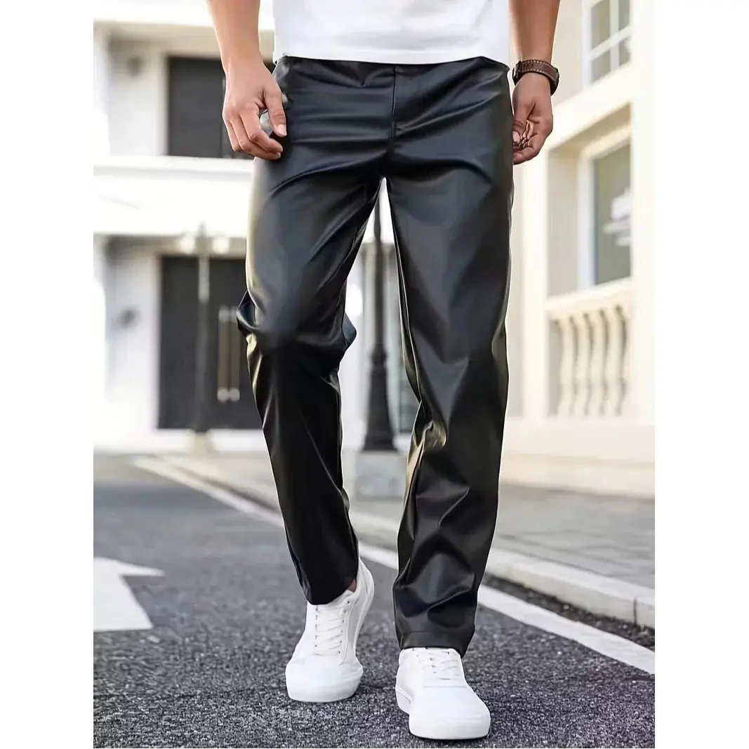 

Мужские кожаные брюки Y2K, облегающие, модные, прямого кроя, из ПВХ-материала, нейтральные цвета, полный размерный ряд