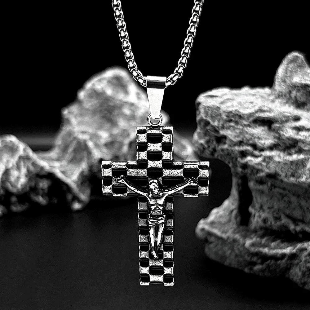النمط الصناعي يسوع الصليب الدين قلادة قلادة للنساء الرجال الفولاذ المقاوم للصدأ الفضة اللون الشرير الذكور سلسلة تميمة المجوهرات #4