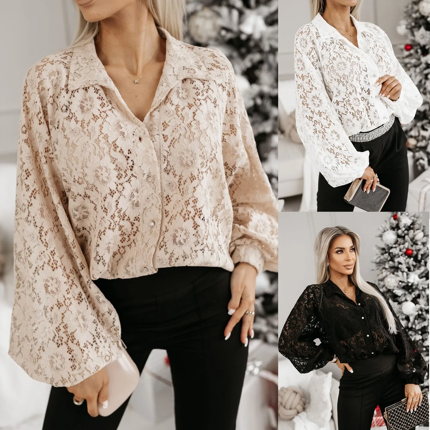 

Women Hollow Out Solid Color Lace Long Sleeve Shirt Blouse Top Loose Fashion Summer Shirts Single Breasted Button