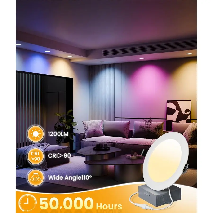 Éclairage 6 pouces avec commande vocale d'ampli app, plafonnier intelligent 1200LM RGBCW fonctionne avec Alexa amp Google, LED encastrée à intensité variable L