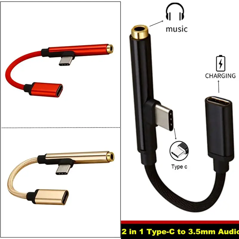 Type-C to 3.5mm Charger, Headphone Audio Jack 2-in-1, Type-C Audio Power Adapter, Audio Data Cable 2-in-1 Adapter