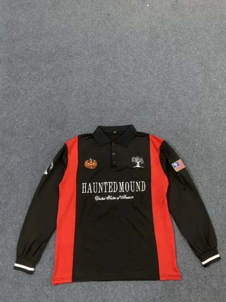 

Men Women Lapel Fashionable Versatile Long Sleeve Top American Retro Personalized Street Color Blocked Pattern Casual Polo Shirt