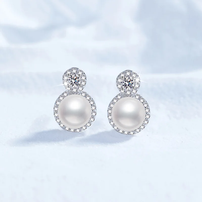 

Platinum PT950 18K Gold Earrings for Women, 0.2carat Moissanite Earrings, Daifei Style Round Bag, Freshwater Pearl for Women