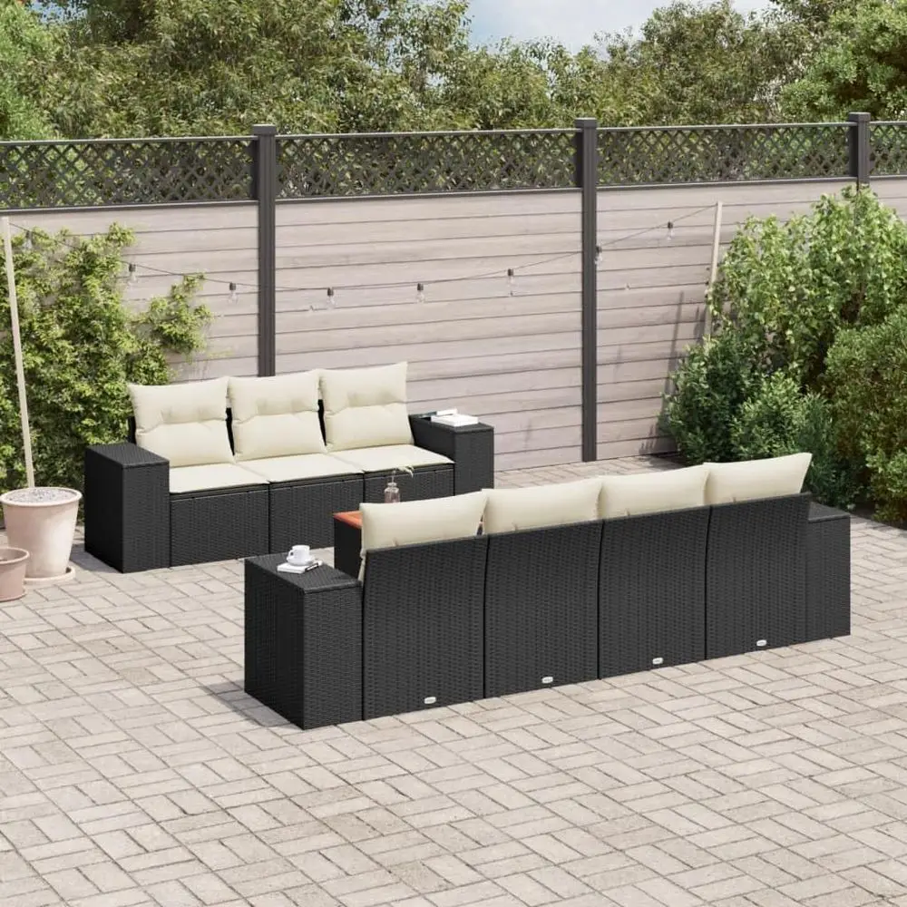 

8-Piece Outdoor Patio Sectional Sofa Set with Table in Black and Cream PE Rattan for Balcony, Deck, or Porch