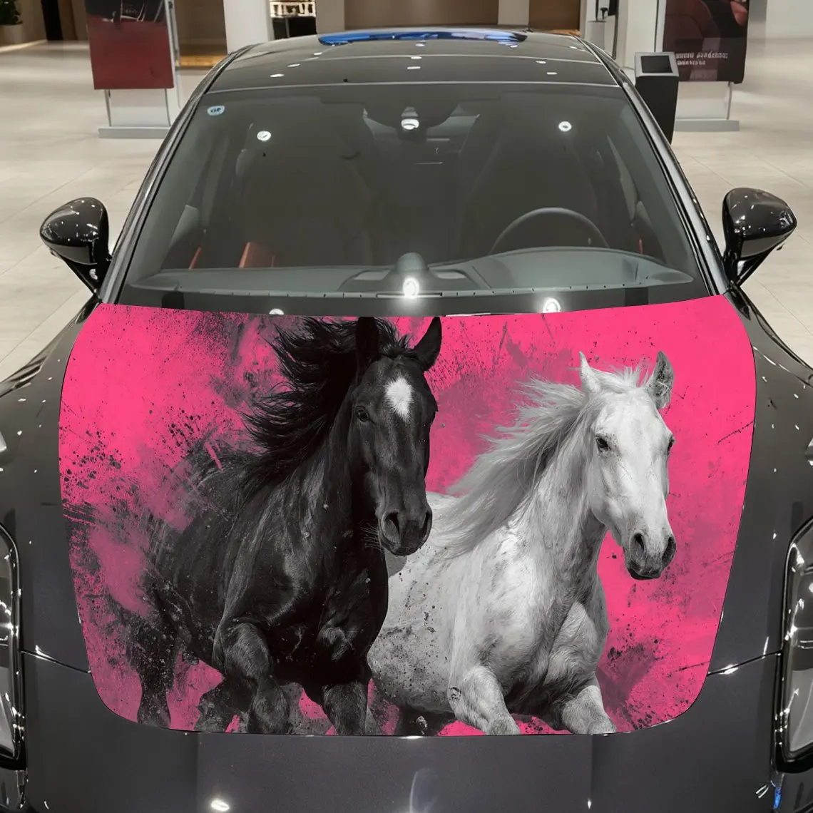 Splash-Ink Pink Trend Twin Horses Gallop Car Vinyl Wrap, PVC Material Waterproof Car Hood Sticker, Self-Adhesive Scratch-Resista