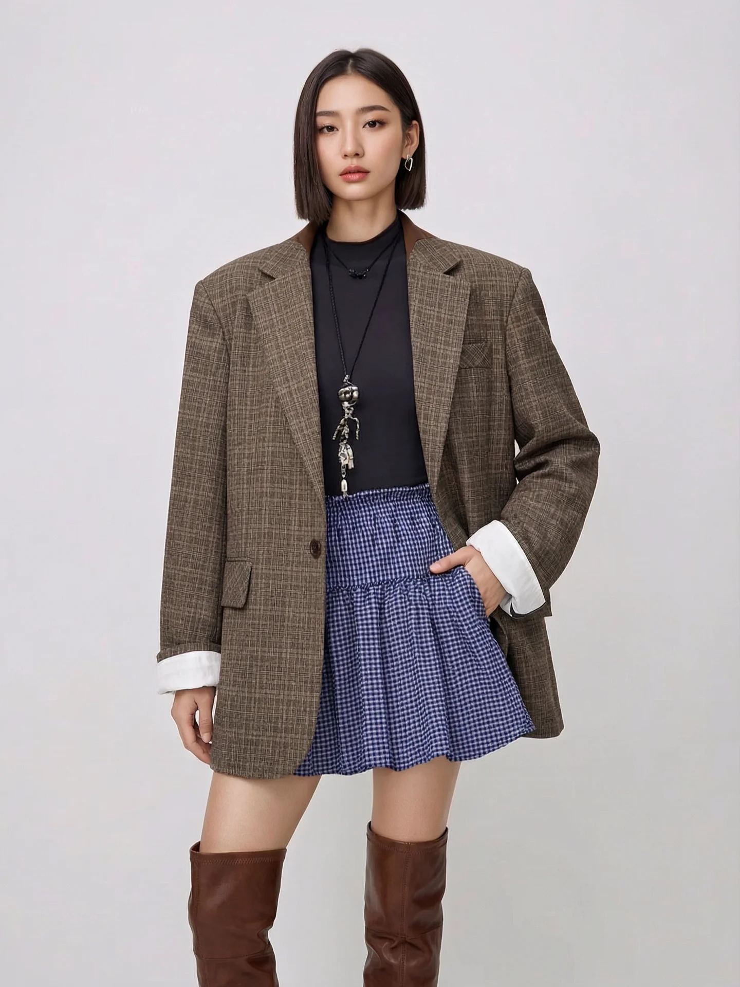 

Bloom World Plaid High nce Wide oulder Design Loose Women's Suit Jaet Casual Sle Long Sve Cotton Coat