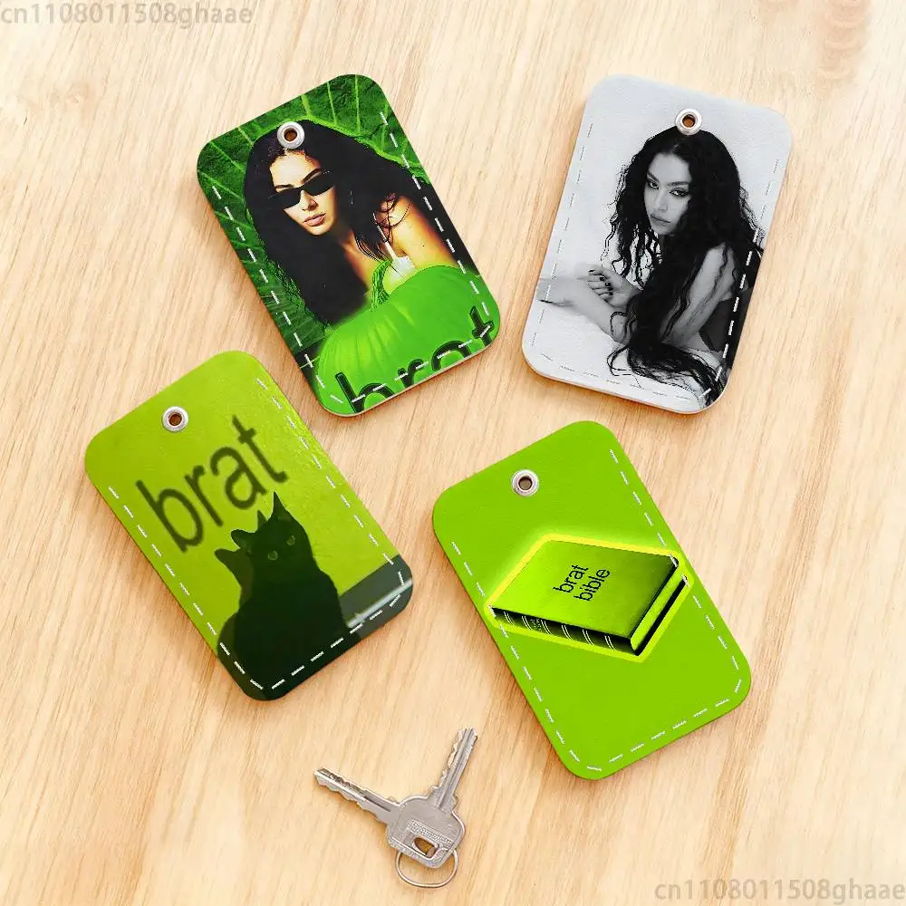 

Brat Charli Xcx Rectangle Card Case Keychain Access Card Bag Key Tag Ring Leather Card Holder Key Ring Access