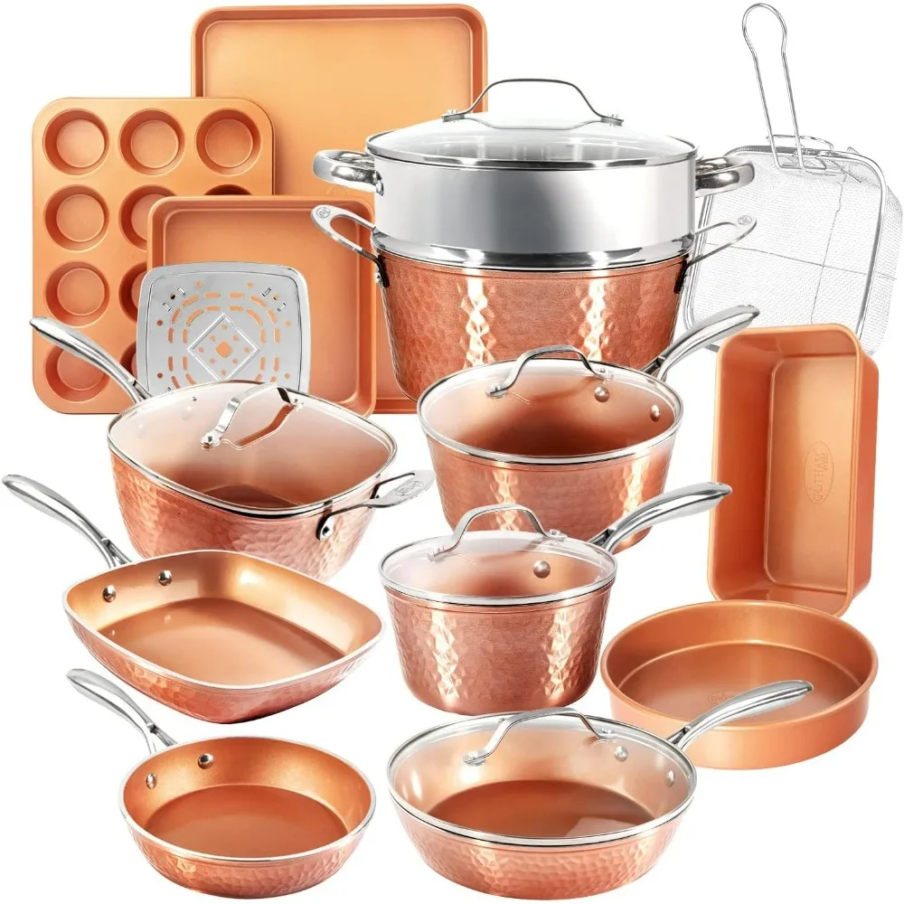 Hammered Copper Collection – 20 Piece Premium Pots and Pans Set Nonstick Ceramic Cookware + Bakeware Set for Kitchen