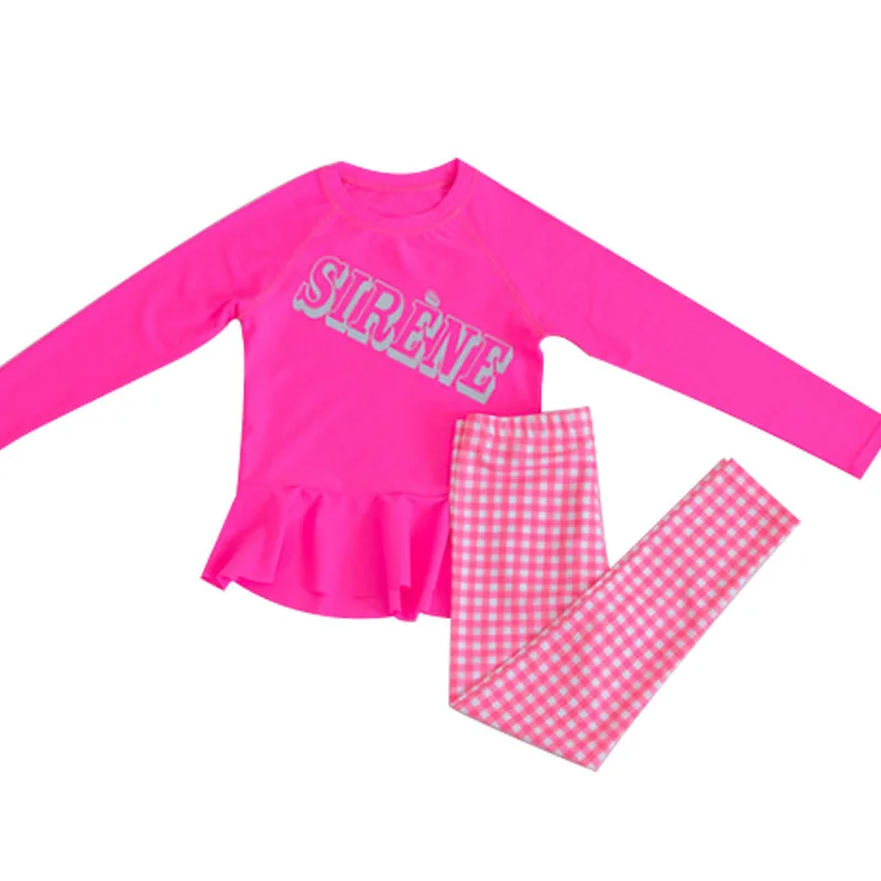 Children\'s swimsuits Sun protection Quick drying Girls Long sleeved pants Swimwear Retro Style Plaid Print BEACH SUIT PINK SURF