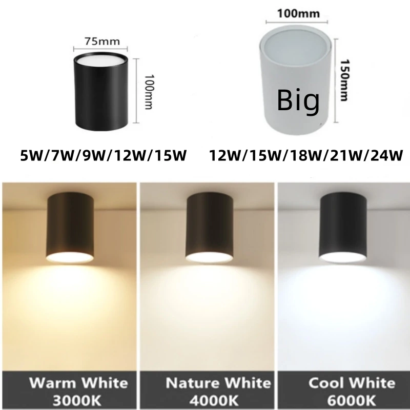 Dimmable Surface-Mounted Downlight, Round LED No-Punch Ceiling Floodlight, Commercial Office Corridor Ceiling Bucket Light