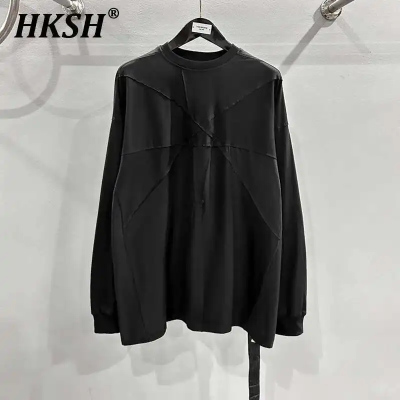 HKSH Męska koszulka Tide Dark Streetwear Wiosna Jesień Nowość O-Neck Spliced Niche Baggy Luźne koszulki z długim rękawem Moda Topy HK2329