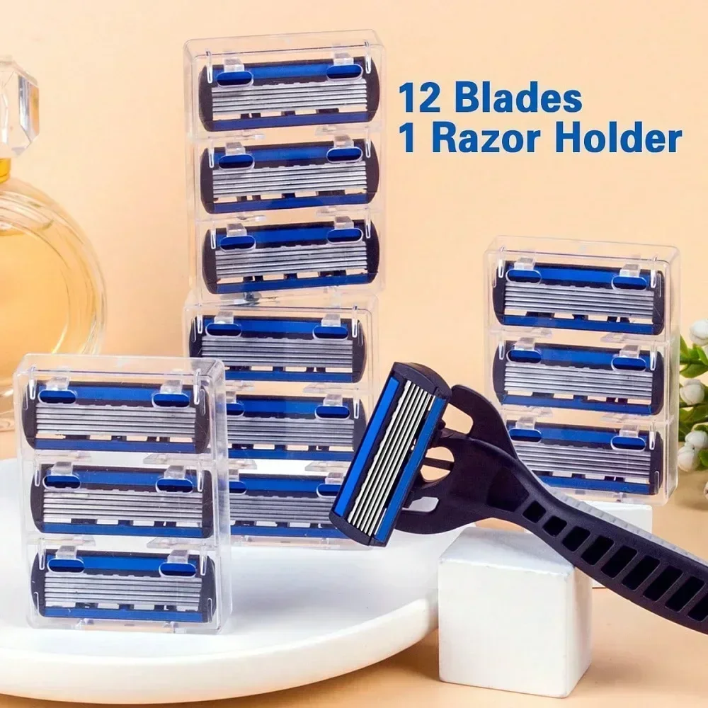 1 Handle + 12 Blades/ Men Women Manual Safety Razor 6-Layer Stainless Steel Hair Removal Shaving Replaceable Shaver Head